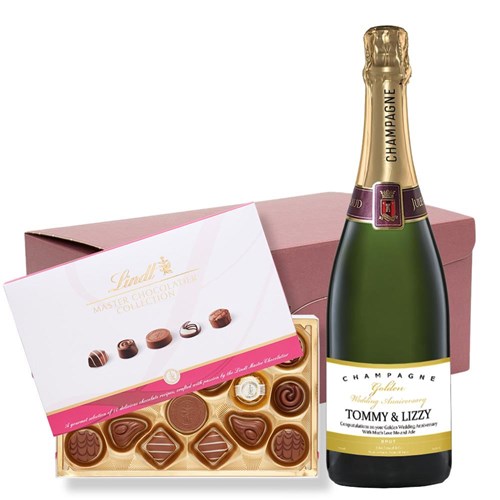 Personalised Champagne - Golden Anniversary Label and Lindt Master Chocolatier Hamper – Premium Gift